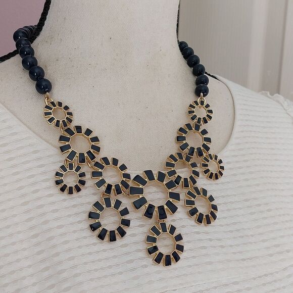 Talbots Gold Tone and Navy Blue Enameled Sunburst and Beads Statement Necklace - Picture 3 of 6